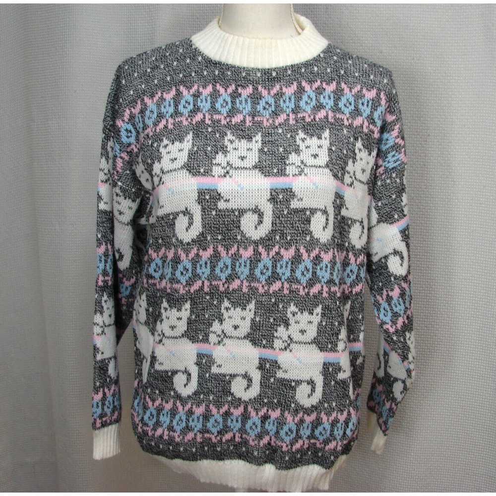 Vtg Arielle Fairy Kei Kawaii AOP Cats Gray Pastel Sweater Medium Large Novelty